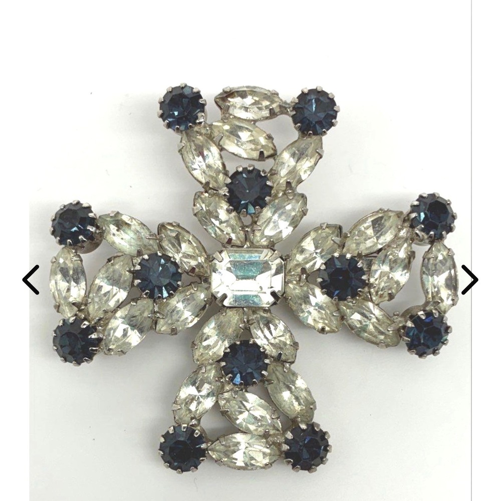 Juliana DeLizza & Elster Blue Rhinestone Maltese Cross Brooch Pin